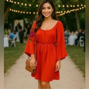 Elegant Red Dress with Floral Detail Judith March Embroidered Sz S